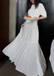 New White O Neck Wrinkled Cotton Long Dresses Summer