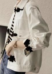 New White Peter Pan Collar Pockets Chinese Button Denim Jackets Spring