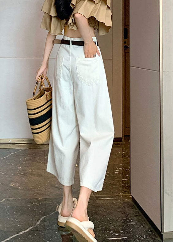 New White Pockets Thin Denim Wide Leg Crop Pants Summer