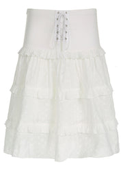 New White Ruffled Lace Up Hollow Out Patchwork Cotton Skirts Summer