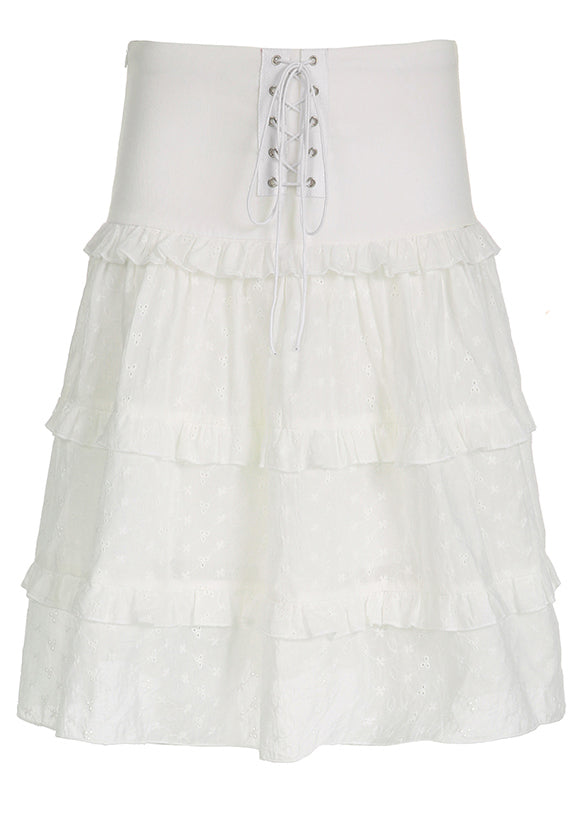 New White Ruffled Lace Up Hollow Out Patchwork Cotton Skirts Summer