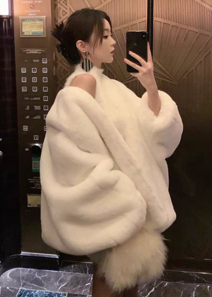 New White Solid V Neck Fuzzy Fur Fluffy Coats Long Sleeve