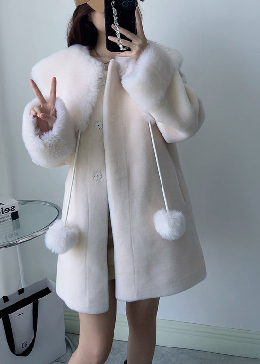 New White Square Collar Fuzzy Ball Decorated  Woolen Coats Winter