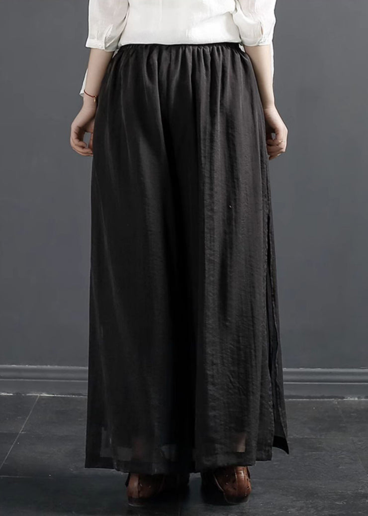 New Khaki Tasseled Side Open Silk Linen Wide Leg Pants