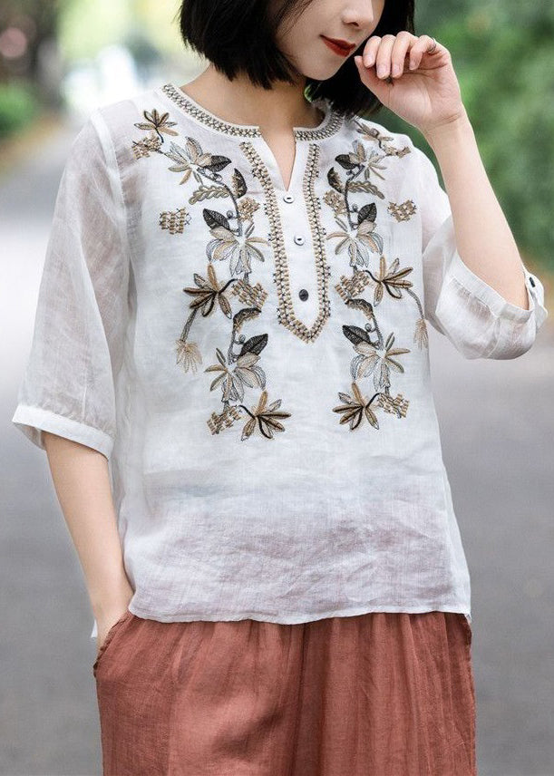 New White V Neck Embroideried Button Cotton Top Summer