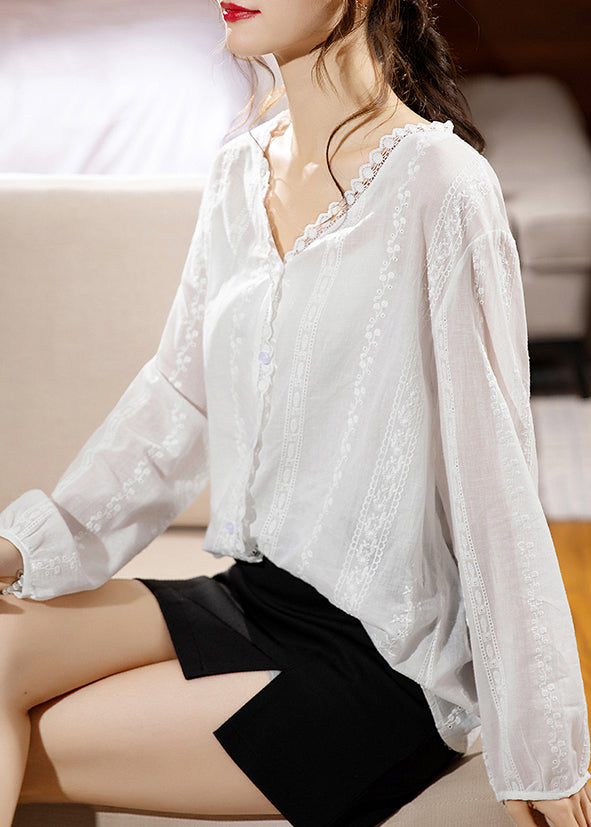 New White V Neck Lace Patchwork Cotton Shirt Long Sleeve