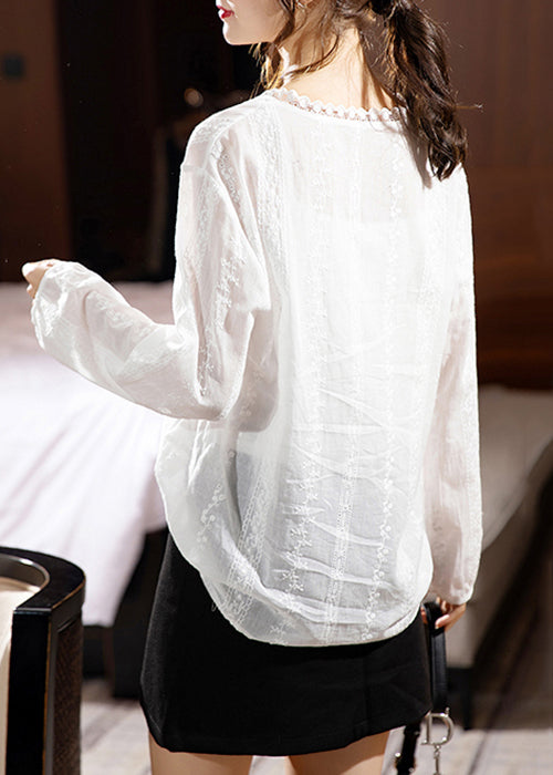 New White V Neck Lace Patchwork Cotton Shirt Long Sleeve