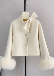 New White Wool Bow Button Fox Hair Cuff Short Coat Winter
