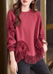 New Wine Red O Neck Tulle Patchwork Cotton T Shirts Spring
