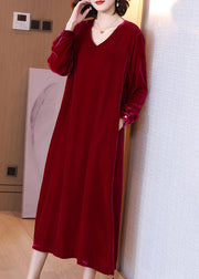 New Wine Red Solid Pockets Silk Velour Dress Long Sleeve