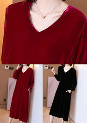 New Wine Red Solid Pockets Silk Velour Dress Long Sleeve