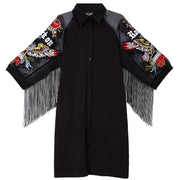 New Woman Plus Size Black Casual Shirt Embroidery Fringe Dress - SooLinen