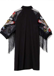 New Woman Plus Size Black Casual Shirt Embroidery Fringe Dress - SooLinen