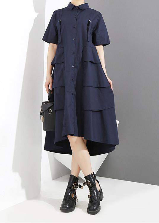 New Woman Summer Solid Blue Elegant Style Shirt Dress - SooLinen