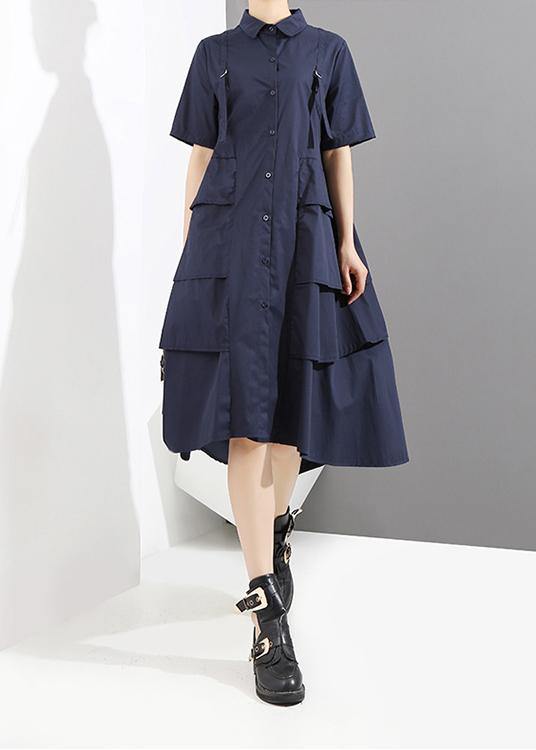 New Woman Summer Solid Blue Elegant Style Shirt Dress - SooLinen