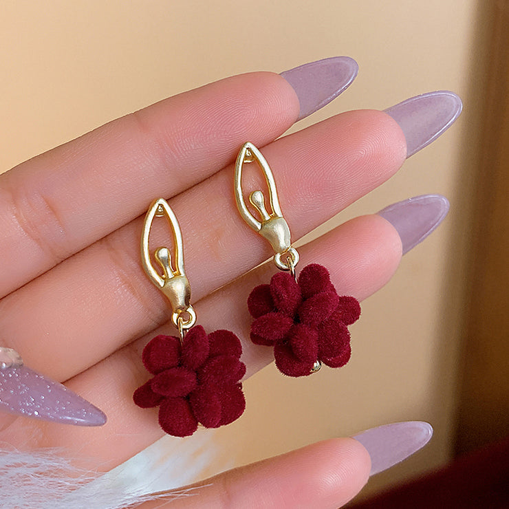 New Year Red Sterling Silver Alloy Flocking Floral Drop Earrings