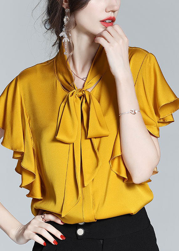 New Yellow Bow Ruffled Patchwork Silk Shirt Tops Summer