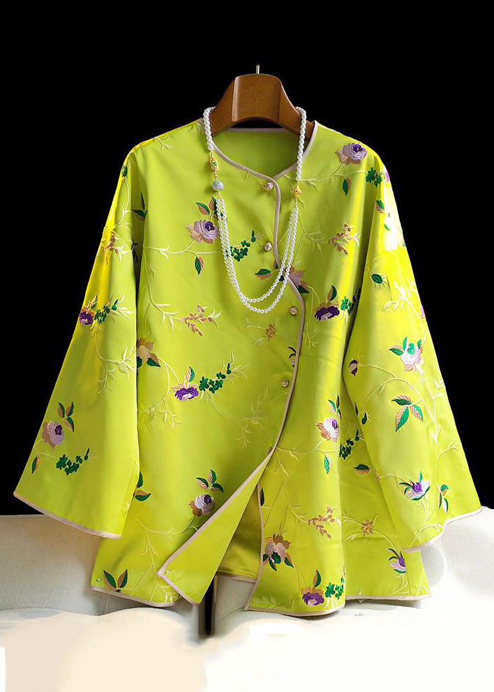 New Yellow Embroideried Button Silk Top Long Sleeve
