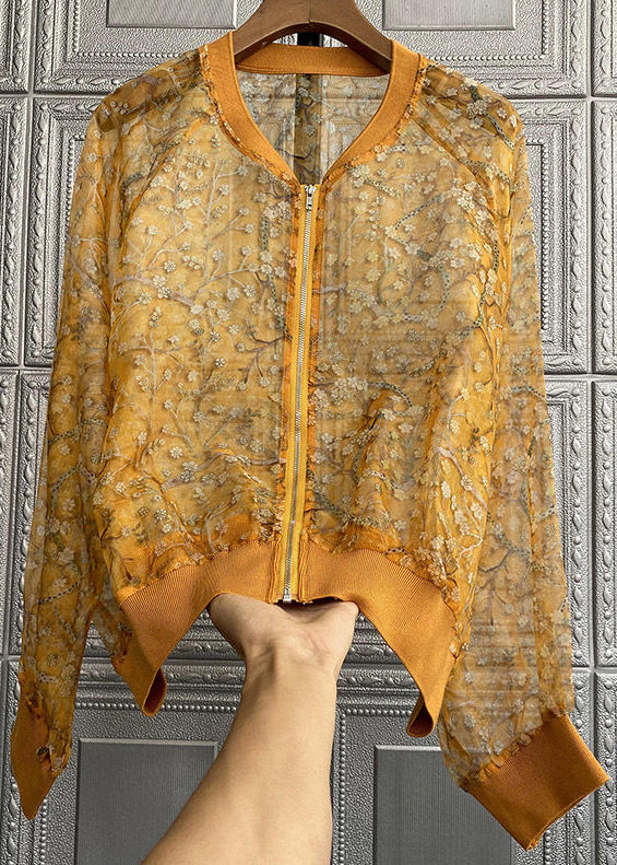 New Yellow Embroidered Zippered Patchwork Silk Thin Coats Long Sleeve