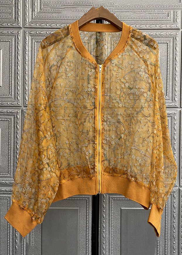 New Yellow Embroidered Zippered Patchwork Silk Thin Coats Long Sleeve