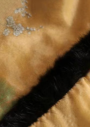 New Yellow Fur Collar Print Cotton Filled Long Coat Winter