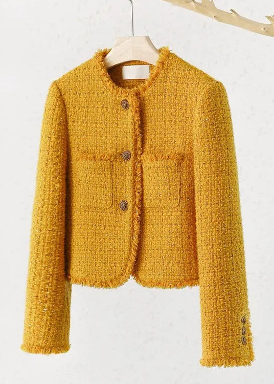 New Yellow O Neck Button Pockets Cotton Coats Fall