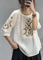 New Yellow O-Neck Embroidered Patchwork Cotton T Shirt Half Sleeve
