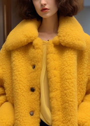 New Yellow Peter Pan Collar Button Teddy Faux Fur Coats Long Sleeve