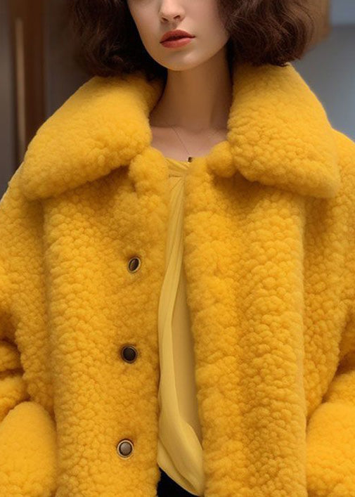 New Yellow Peter Pan Collar Button Teddy Faux Fur Coats Long Sleeve