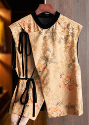 New Yellow Print Lace Up Patchwork Silk Waistcoat Sleeveless