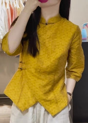New Yellow Stand Collar Button Patchwork Cotton Tops Half Sleeve