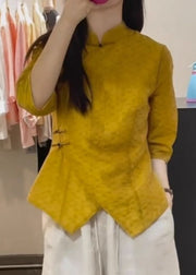 New Yellow Stand Collar Button Patchwork Cotton Tops Half Sleeve