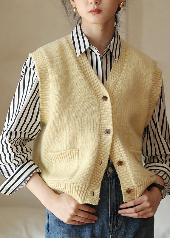 New Yellow V Neck Button Patchwork Woolen Knit Vest Sleeveless