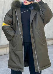 New army green overcoat plus size snow jackets hooded faux fur collar winter outwear - SooLinen