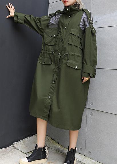New army green overcoat trendy plus size long lapel drawstring coats - SooLinen