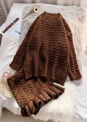 New autumn and winter retro mahogany Khaki sweater women's suit skirt two piece set - SooLinen
