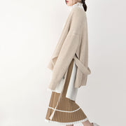 New beige winter sweater casual v neck tie waist knit sweat tops casual top
