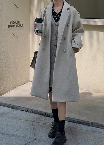 New beige woolen outwear plus size clothing maxi coat back open woolen outwear double breast - SooLinen