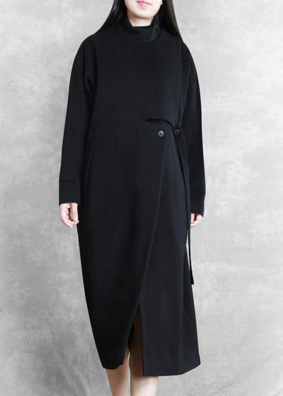 New black Coat Women casual stand collar asymmetric long coat woolen outwear - SooLinen
