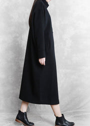 New black Coat Women casual stand collar asymmetric long coat woolen outwear - SooLinen