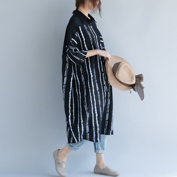 New black Midi-length cotton dress trendy plus size traveling dress 2018 bracelet sleeved patchwork Turn-down Collar striped cotton dresses