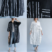 Neues schwarzes Midi-Baumwollkleid, trendiges Plus-Size-Reisekleid, 2018, Armband, Ärmel, Patchwork, Umlegekragen, gestreifte Baumwollkleider