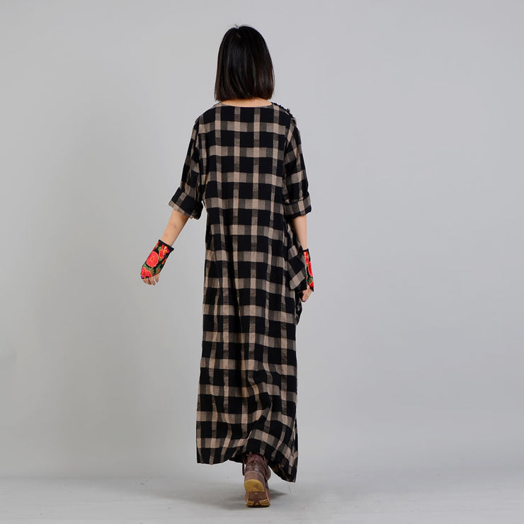 New black Plaid Loose fitting v neck cotton linen gown 2018 asymmetrical design kaftans