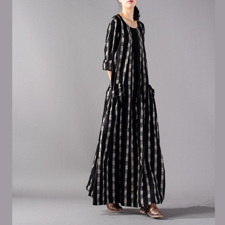 New black Plaid plus size clothing o neck baggy fall dresses 2018 pockets maxi dresses