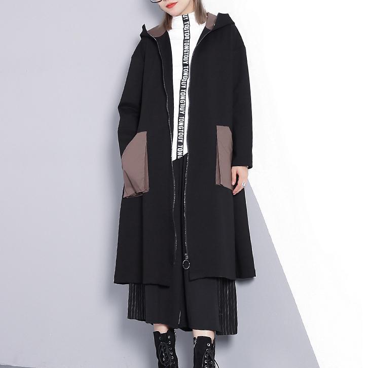 Neuer schwarzer Wintermantel in Übergröße mit Kapuze und Reißverschluss, Trenchcoat mit feinen Taschen