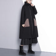 New black Winter coat oversize Hooded zippered outwear fine pockets trench coat