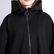 Neuer schwarzer Wintermantel in Übergröße mit Kapuze und Reißverschluss, Trenchcoat mit feinen Taschen