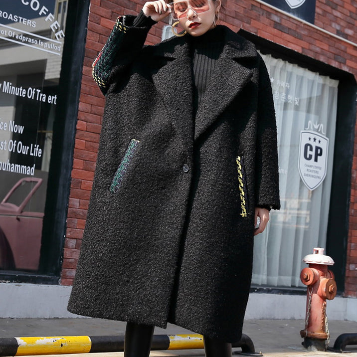 Neuer schwarzer Wintermantel in Übergröße mit gekerbter Rückseite, offener Maximantel, Damentaschen, Patchwork, lange Jacken