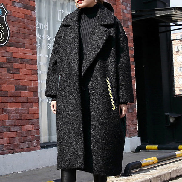 New black Winter coat oversized Notched back side open maxi coat women pockets patchwork long jackets