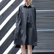 Neues schwarzes Kniekleid aus Baumwolle plus Größenkleidung aus Baumwolle Maxikleid Damen Reverskragen asymmetrische Baumwollkleider